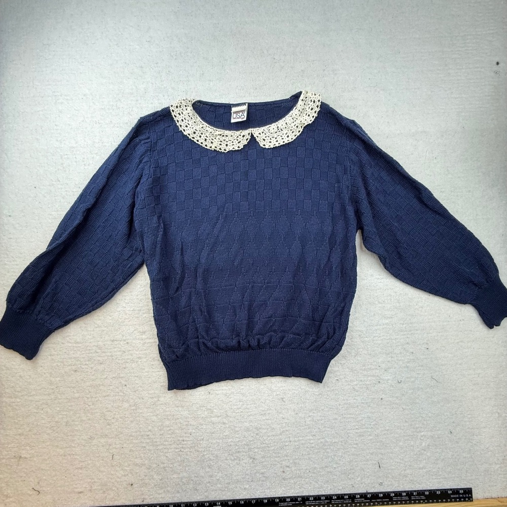 USA Vtg Navy Blue Crochet Lace Collar Knit Sweater Womens XL grandmacore 90s